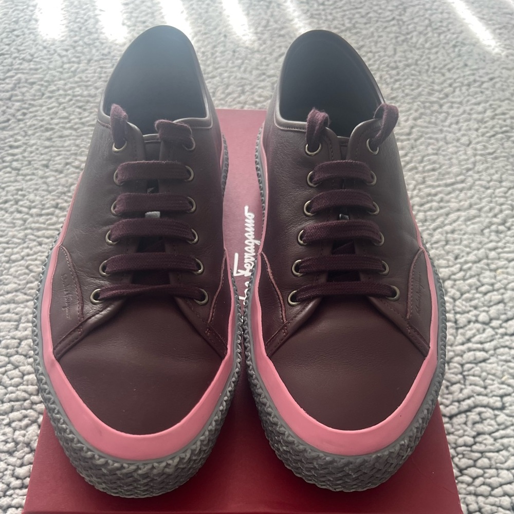 Salvatore Ferragamo Burgundy and Pink Leather Sneakers